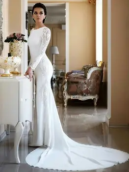 

Lace Crepe Mermaid Modest Wedding Dresses With Long Sleeves Jewel Neck Covered Back Elegant Infrmal Reception Bridal Gowns