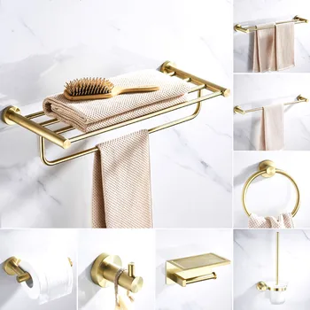 

Bathroom Accessories Set 304 Stainless Steel Towel Rack Corner Shelf Paper Holder Toilet Brush Bath Hardware Set Brushed Gold