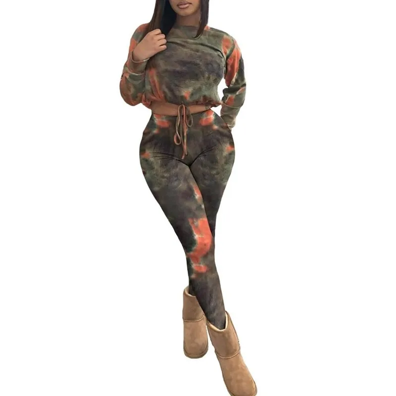 

Tie Dye Print Tracksuit Women Jogger Women Set Sportswear Fitnesss Drawstring Crop Top + Pencil Pants Two Piece Set Outfits
