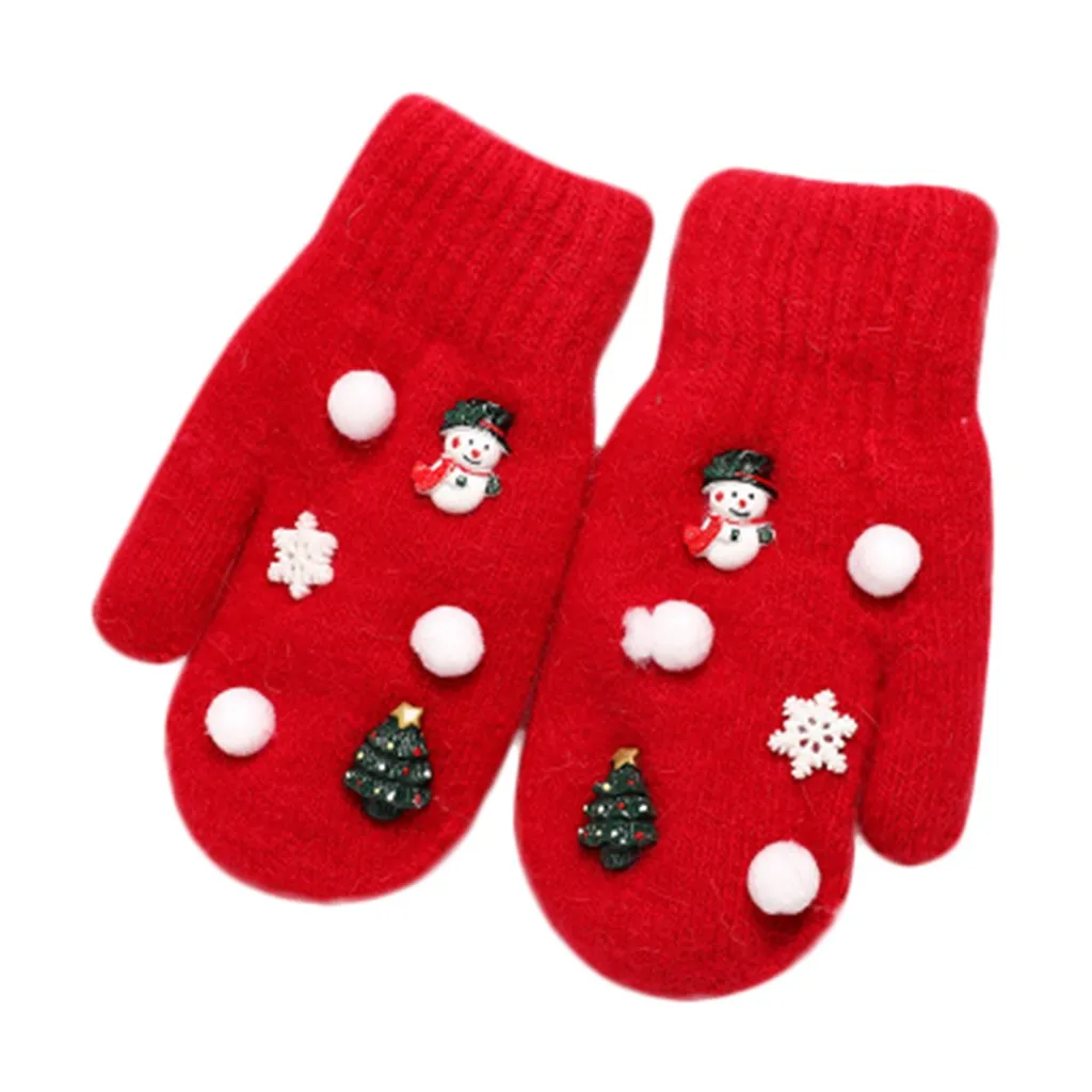 Детские Рождественские теплые вязаные перчатки с принтом снега, ветрозащитные перчатки с защитой от замерзания, Повседневная Ручная работа#15 - Цвет: Красный