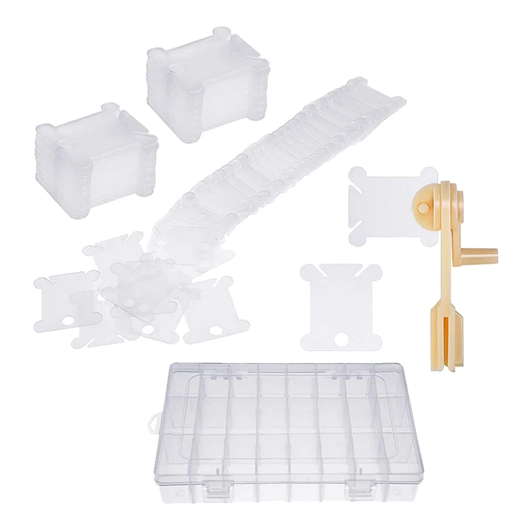 100 Plastic Floss Bobbins Cross Stitch Embroidery Thread Winding Cards Craft DIY Sewing Set with Bobbin Winder and Storage Box
