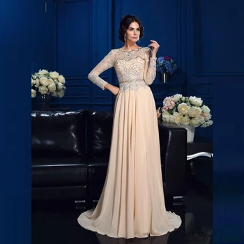 

Luxury Beading Champagne Chiffon Lace Long Sleeve Mother of the Bride Dresses Jewel Neck Wedding Guest Dress Floor Length 2020