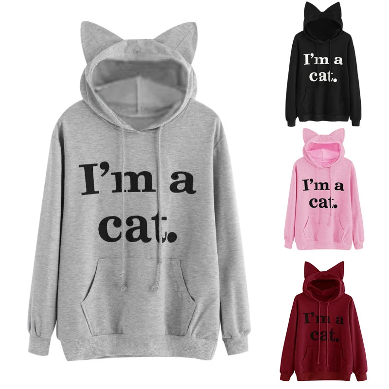 Женские толстовки с принтом черного уха Пальто "i'm A cat" Черная мода осень и зима прилива продукты высокого качества поп прилива моды