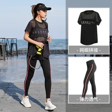 L/2/3/4XL 2 шт. Для женщин черный Бег Йога Костюмы для тренировок комплекты свободные короткий рукав на открытом воздухе Фитнес Спортивная быстросохнущая