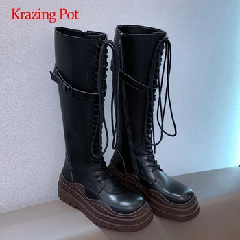 

Krazing Pot natural leather buckle decorations mixed colors handsome round toe thick med heel zipper maiden thigh high boots L70