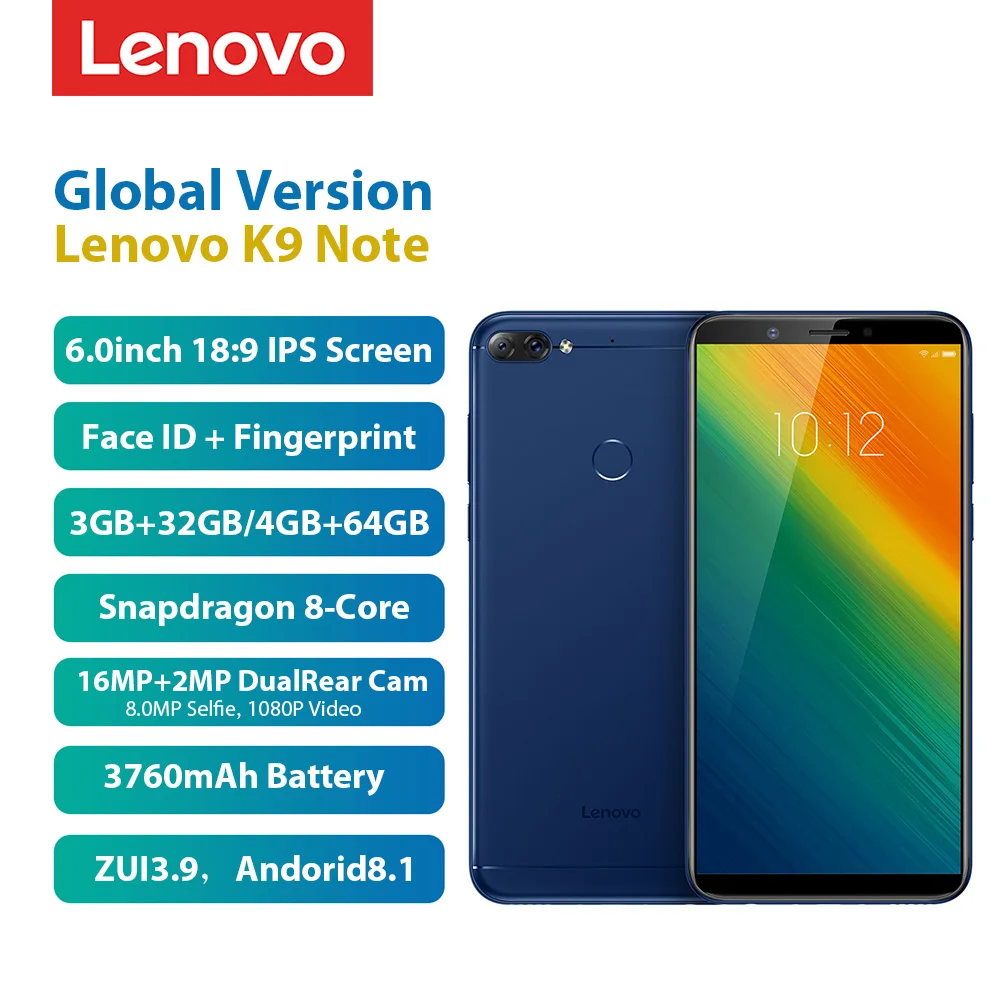 Мобильный телефон lenovo K9 Note 6 дюймов 4 ГБ 64 3760 мАч с функцией распознавания лица Android