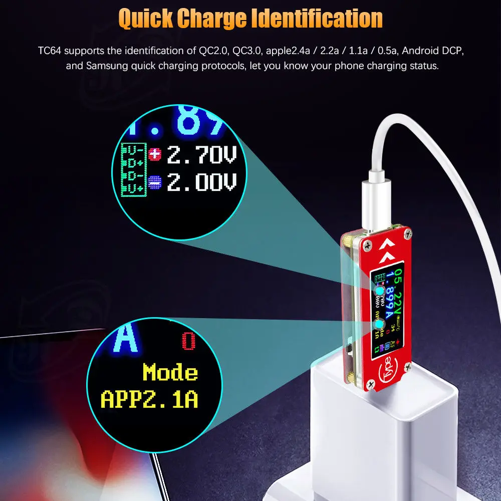 TC64 Type-C Color LCD USB Voltmeter Ammeter Voltage Current Meter Multimeter Battery PD Charge Power Bank USB Tester
