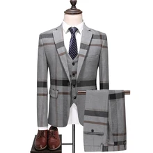 

(Jackets+Vest+Pants) Brand clothing Men pure cotton plaid business Blazers/Male slim Fashion Male groom dress three-piece suits