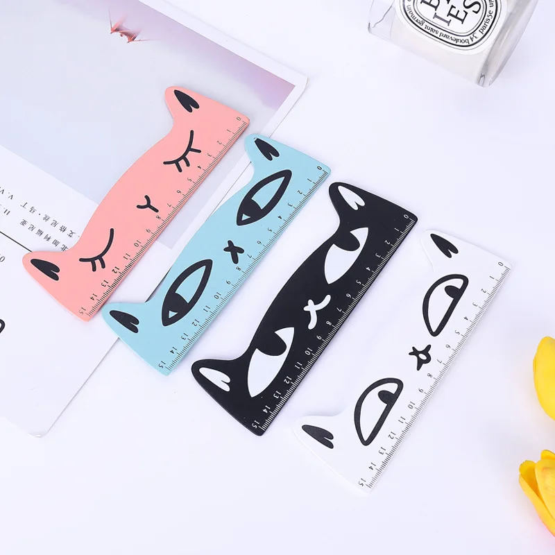 Regla recta de gatito encantador, reglas de madera creativas de dulce gato, herramienta de dibujo de costura, suministro de papelería escolar para niños y oficina, 15 CM