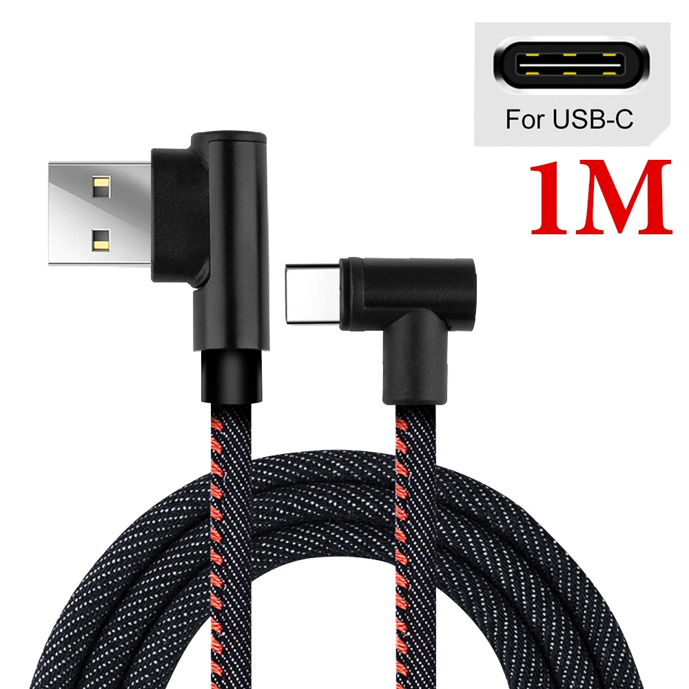 90 градусов локоть Зарядное устройство USB Дата-кабель для Android мобильного телефона локтевой кабель джинсовая оплетка для IOS провод для быстрого заряда для iPhone - Цвет: Black For Type C