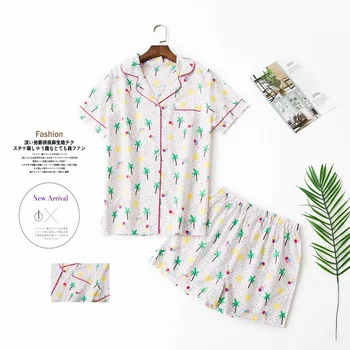 

Summer 100% Cotton Pajama Suit Female Lovely Cartoon Short Sleeve Shorts Plus Size Full Woven Homewear Suit 2PCS