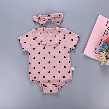 

Infant Newborn Baby Girls Set Short sleeve Rompers 2 PCS Cute Dot Jumpsuit + Kow Headwear Playsuit Outfits Sunsuit