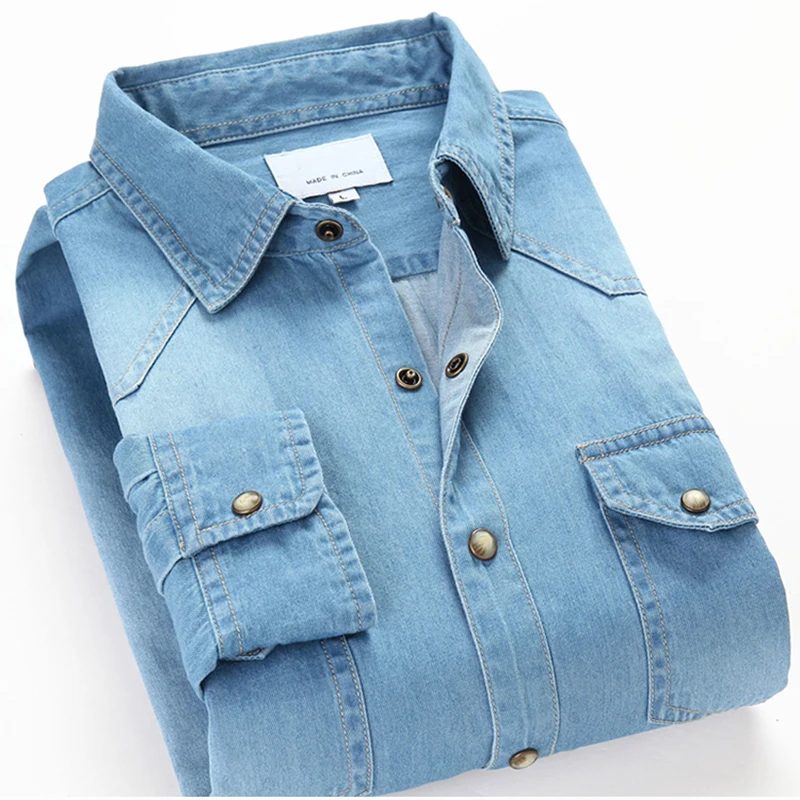 Denim shirt Men long sleeve soft cotton double pockets slim slight elastic jeans tops