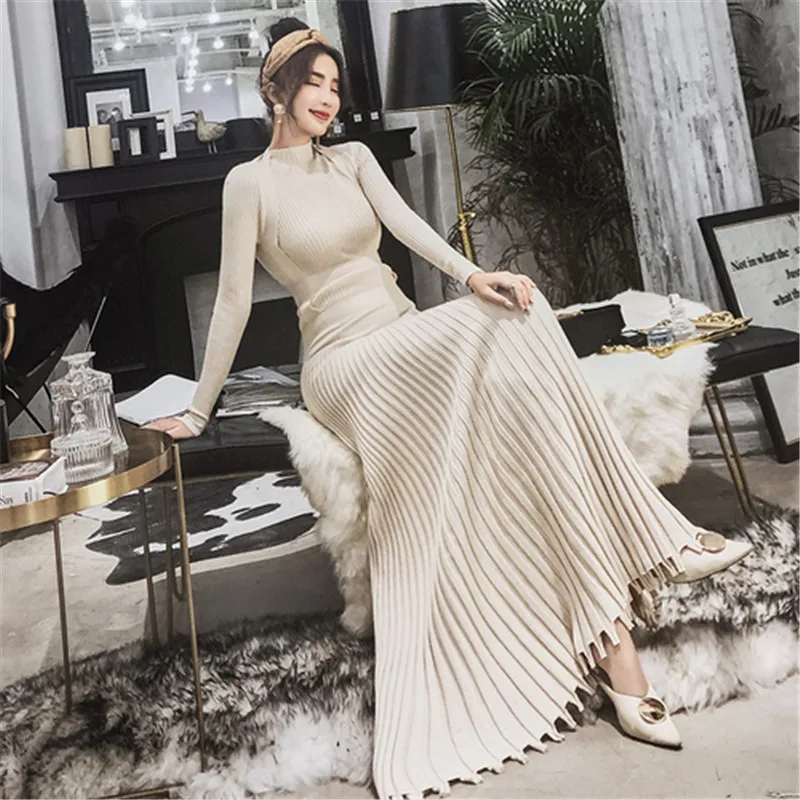 

2020 Autumn Winter High Quality Long Knitting Dress Fashion Women Stand Collar Slim Thicken Warm Sweater Pleated Dress