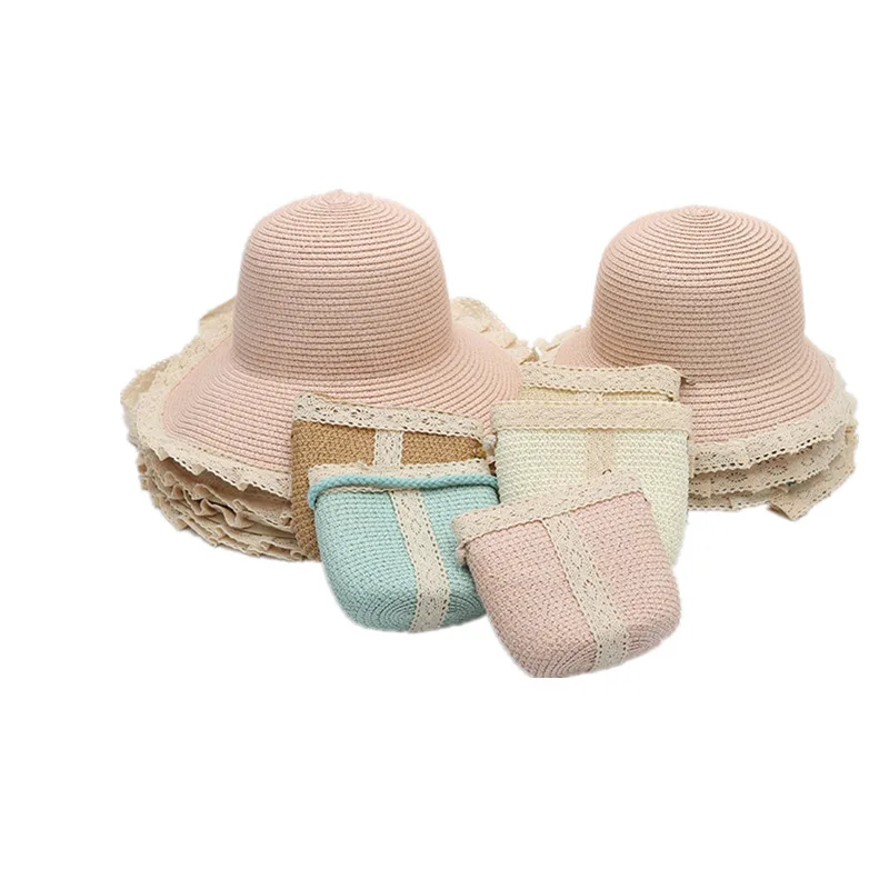 Summer Sun Hat Girls Kids Straw Hat Cap Children Beach Hats Bag Flower Tote Handbag Bags Suit Beige 46-48cm