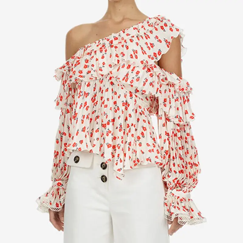 

2019 Fashion Print Off Shoulder Sexy Blouse Women Asymmetrical Ruffles Lantern Sleeve Ruched Female Shirt