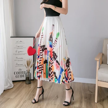 

2019 Summer Women Long Pleated Plus Size Skirt Fashion Wild Cartoon Print Skirts Elastic Casual High Waist Skirt