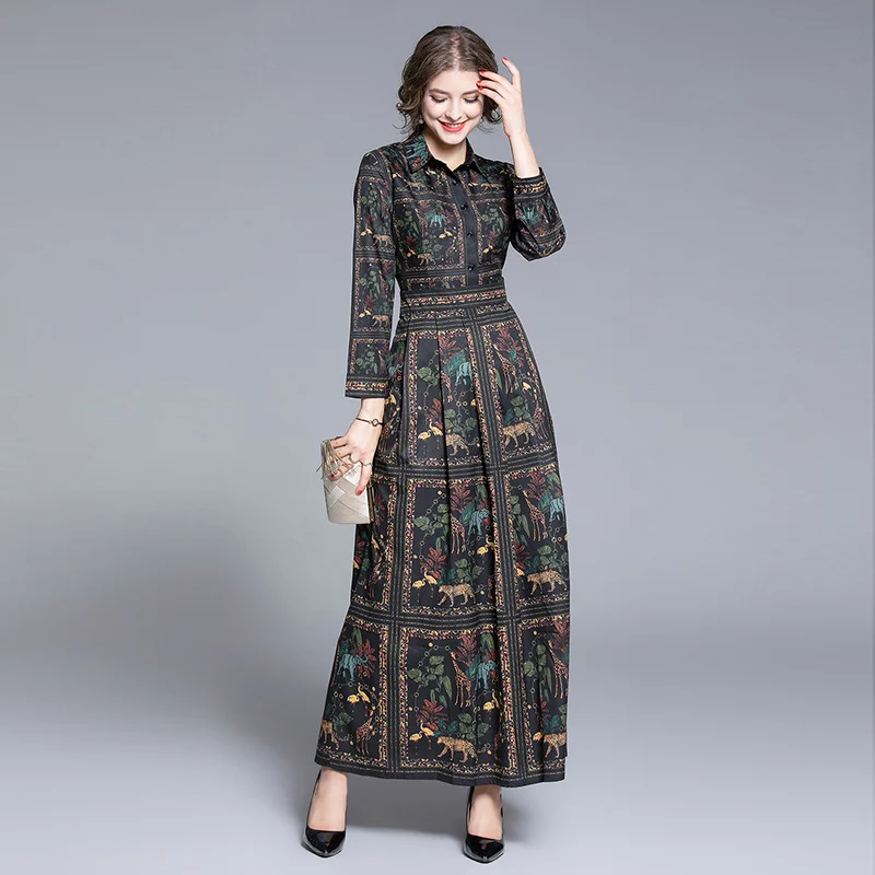 

2020 spring and autumn new European and American fashion wild waist slimming high-end positioning long-sleeved printed dress
