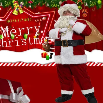 

Christmas Costume 7 pieces Velvet Leather Santa Claus Clothes Set Tops Coats, Pants, Cap, Glove, Belt, Shoe Covers, Beard