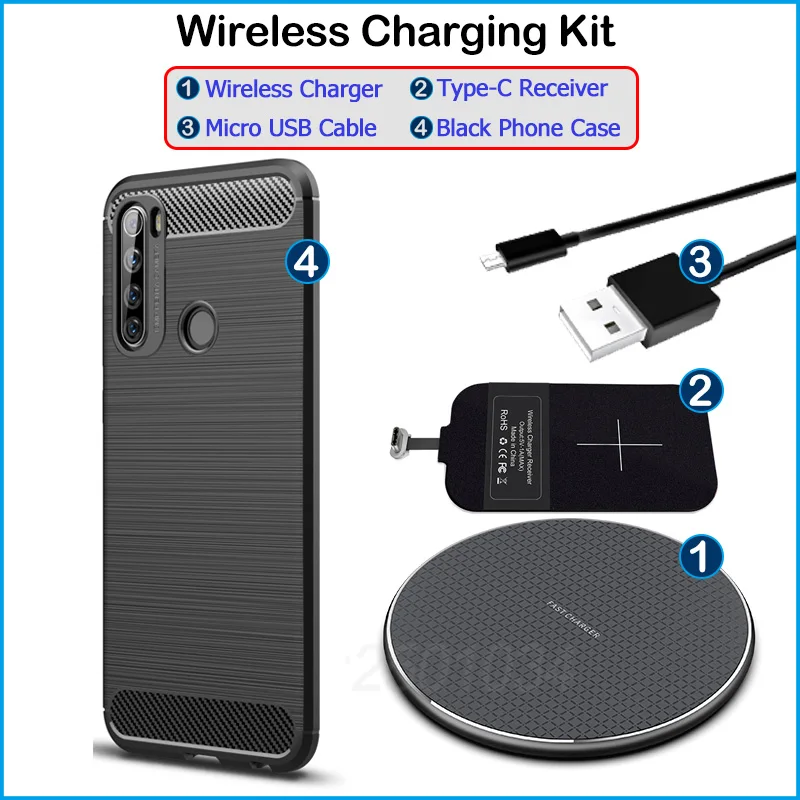 Беспроводная зарядка для Xiaomi Redmi Note 8T Qi Беспроводное зарядное устройство+ usb type C адаптер приемника+ Мягкий ТПУ чехол для Redmi Note 8T