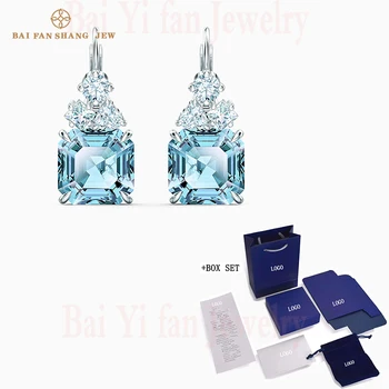 

2020 Fashion SWA New SPARKLING PIERCED EARRINGS Clear Lines Bright Blue Square Decorative Crystal Women Jewelry Romantic Gift