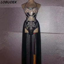 Сексуальная Открытая полная стразы, боди, черная сетка, со шлейфом, комплект из 2 предметов, танцевальный костюм, DJ, певица, бар, одежда для ночного клуба