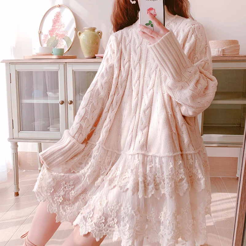 Sweet Mori Girl Lace Embroidery Christmas Sweater Loose Wide Bat Sleeve Women Poncho Lolita Doll Coat Knitwear Pullovers | Женская