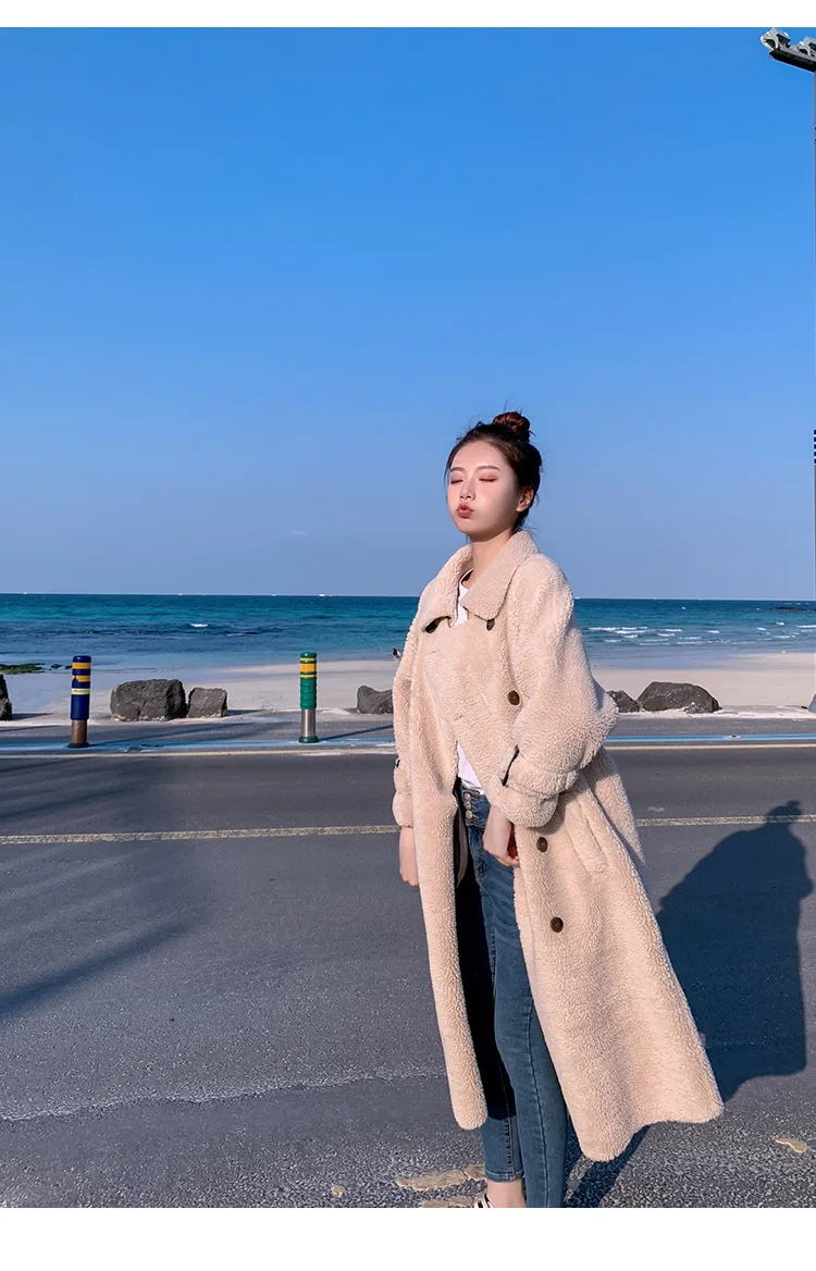 Photo Shoot INS Fold-down Collar Suede Apricot Mid-length Double Breasted Elegant Fur Lambs Wool Overcoat Women's Winter