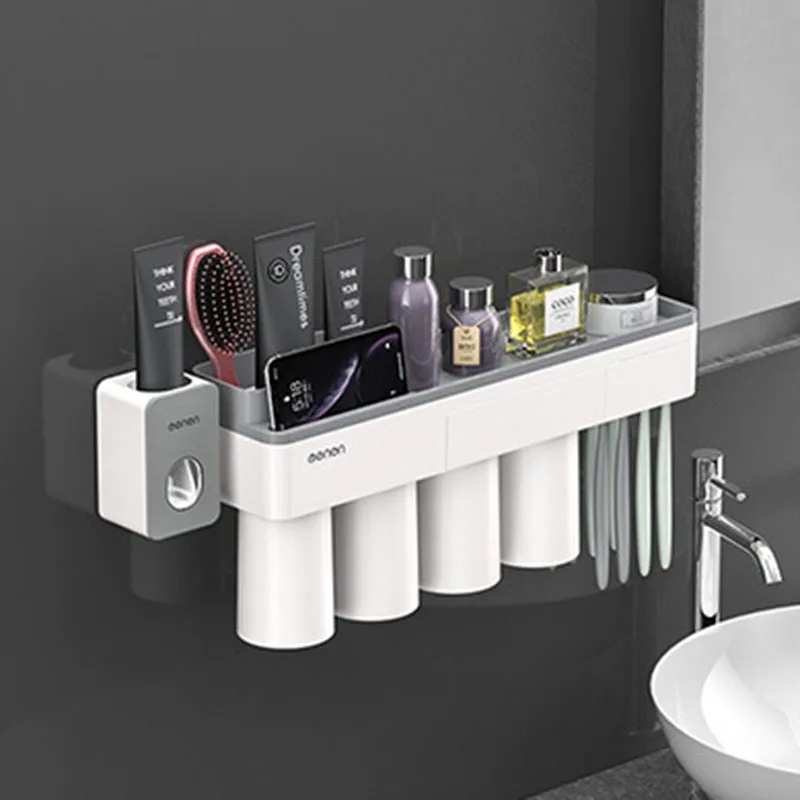 4 Grey add Toothbrush Holder Wall Mounted Automatic Toothpaste Dispenser Storage Rack Hair Dryer Holder Tissue Box Bathroom Accessories Set - Цвет: 4 Grey add