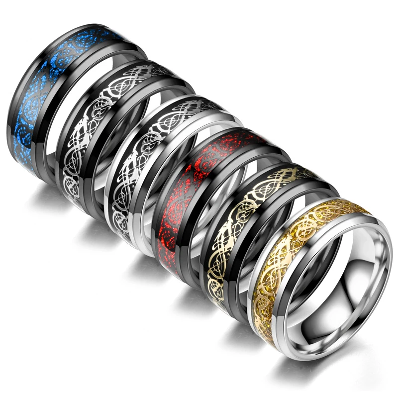 Anillo de acero inoxidable para hombre, joyería con incrustaciones de dragón rojo, azul y negro, anillo de boda ancho de 8mm|Anillos| AliExpress