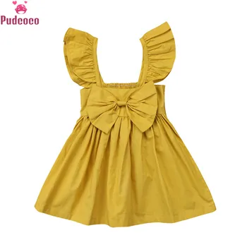 

2020 Newborn Baby Girls Dress Summer Flower Bow Dresses Party Ruffle Clothes Cotton 1st Birthday Girl Frocks Yellow Pink Outfits