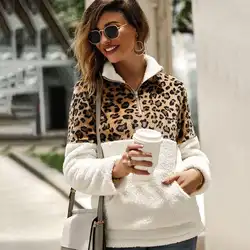 Модный Леопардовый принт сплайсинга женщин молния карманы с длинным рукавом теплый пуловер Топ