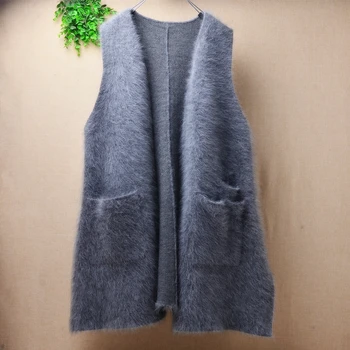 

Korean fashion Women female loose sleeveless With pockets knitted 100% Angora rabbit fur fuzzy plush long vest bow back winter