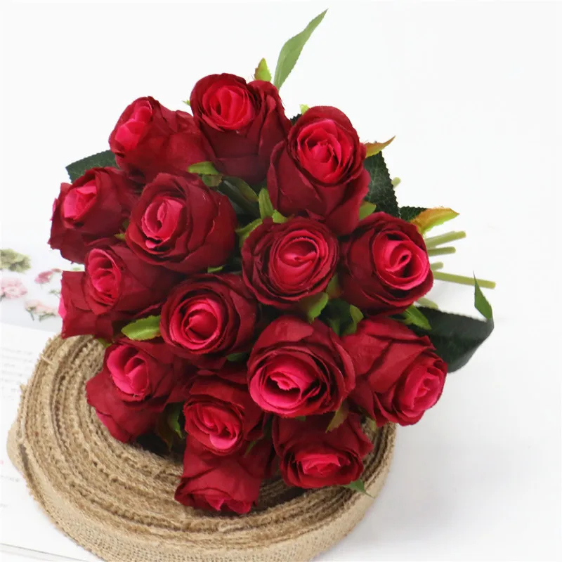 Black red Имитация 18 голов розы Искусственный Букет шелк искусственный цветок для дома прикроватный столик отель офисный интерьер или невесты ручной цветы - Цвет: Black red