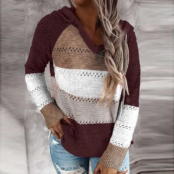 

2020 Autumn Color Block Striped Sweaters Ladies Sexy V-Neck Long Sleeve Pullovers Tops Women Winter Hollow Out Knitted Sweater