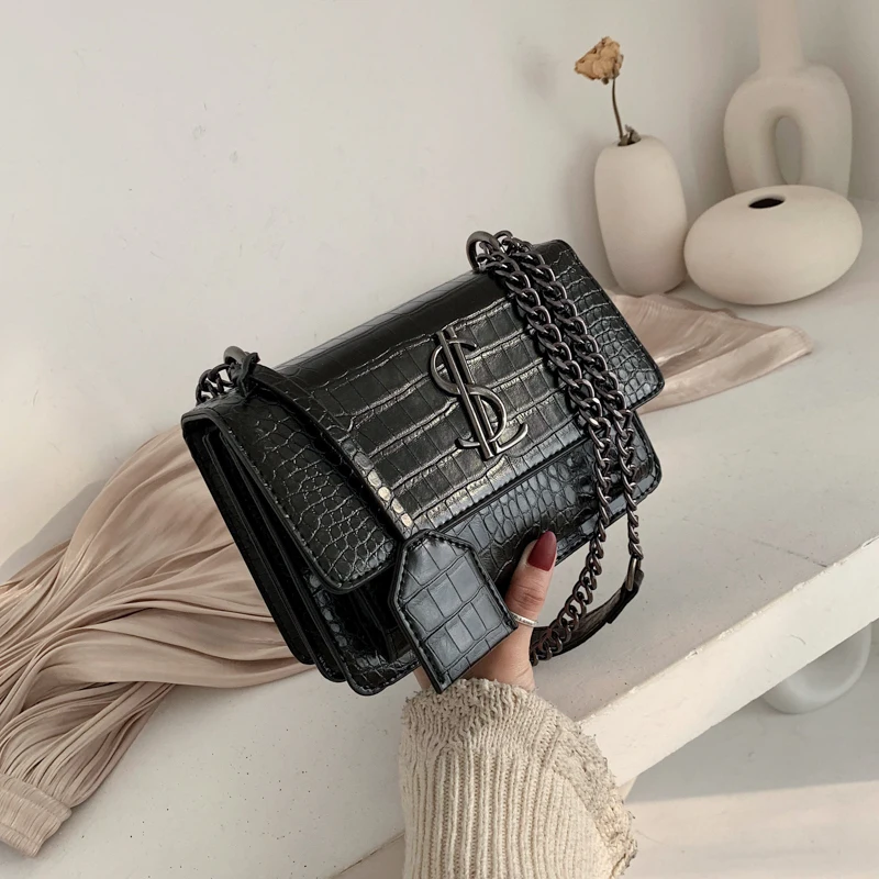 

Solid Color Stone Alligator Pattern PU Leather Crossbody Bags For Women 2020 Small Shoulder Messenger Bag Female Chain Handbags