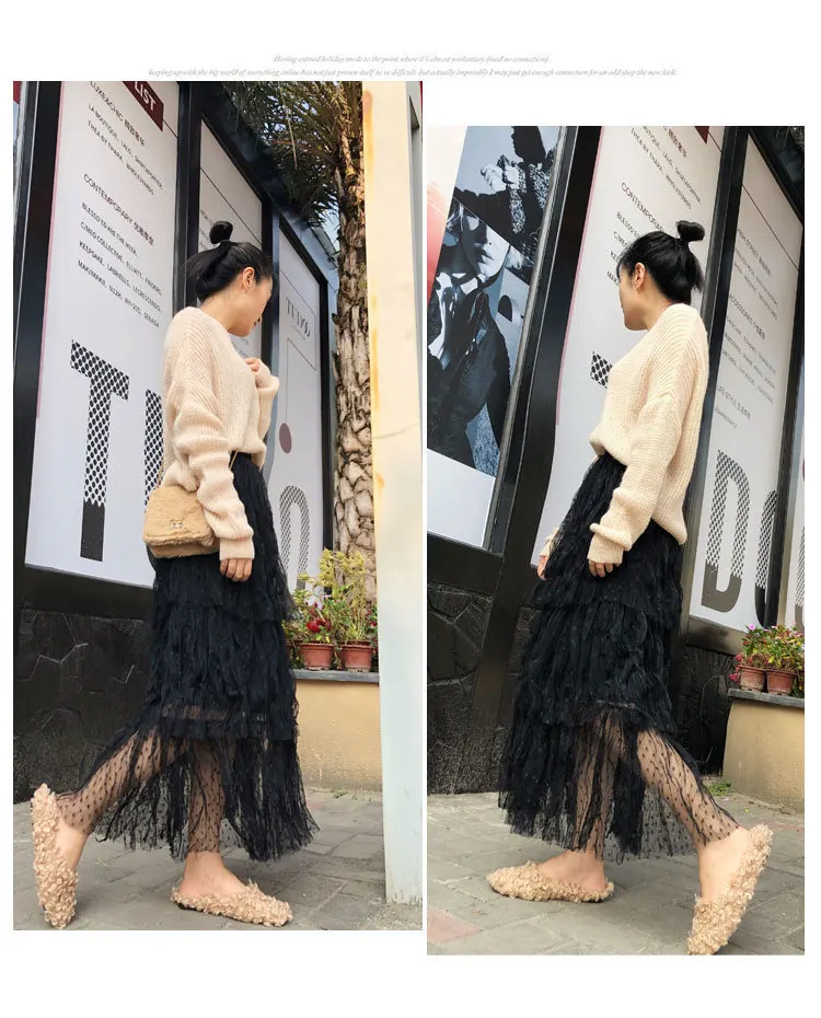 Розовая Женская пышная сетчатая длинная юбка-пачка до щиколотки в горошек, Тюлевая женская юбка, плиссированная летняя многослойная белая трапециевидная юбка