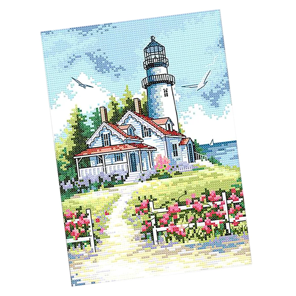 Seaside Lighthouse DIY Stamped Cross Stitch Kit Pre-printed Patterns Beautiful Scenery Home Wall Decoration Needlework Craft