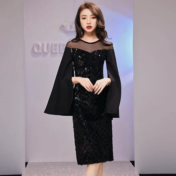 

Perspective Sexy Black Women Cheongsam Novelty O-Neck Sequined Party Prom Dress Sheath Patchwork Long Sleeve Qipao Vestidso