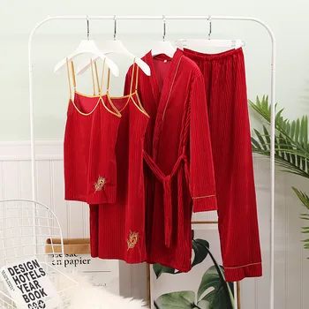 

Nightwear Novelty Red Long Sleeve Warm Women 4pcs Pajamas Suit Sleepwear Autumn Nightgown Home Clothing Intimate Lingerie