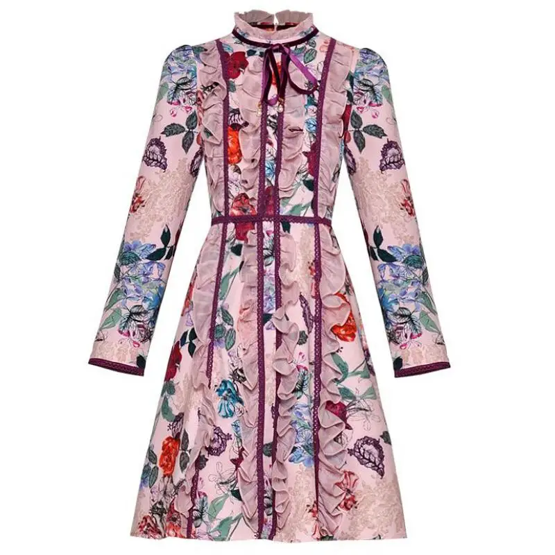 

Red RoosaRosee Designer Women High Quality Long Sleeved Ruffles Jacquard Print Mini Dress Elegant Party Boho Vestidos Robe Femme