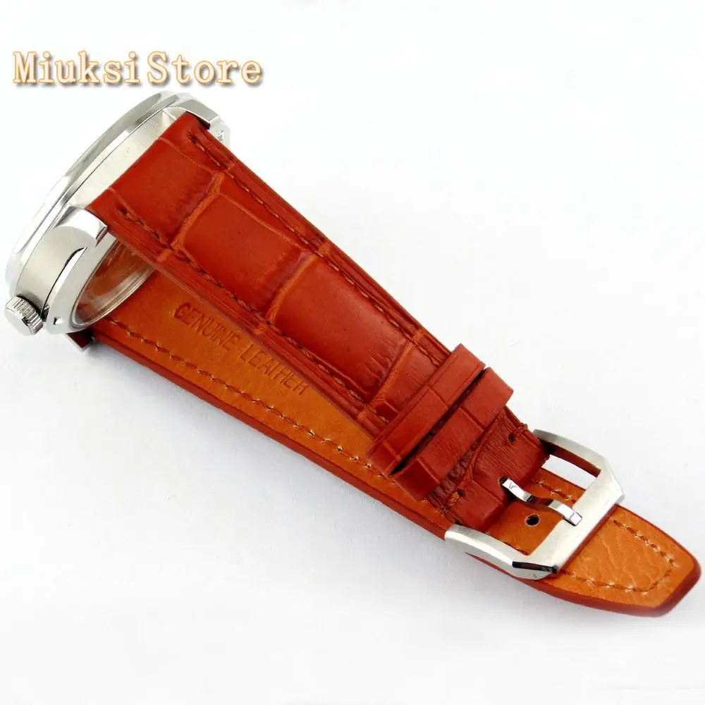 Мужские механические часы Parnis с синим циферблатом стальным чехлом и резервным