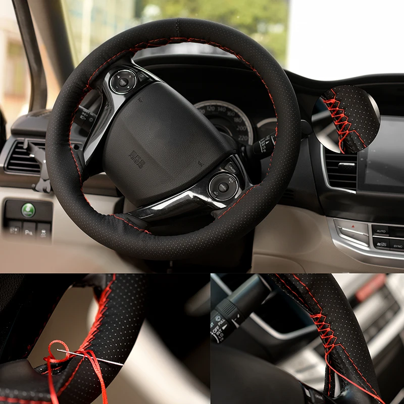 

Braid On Steering Wheel Car Steering Wheel Cover With Needles and Thread Artificial leather Diameter 38cm Steering cover couvre