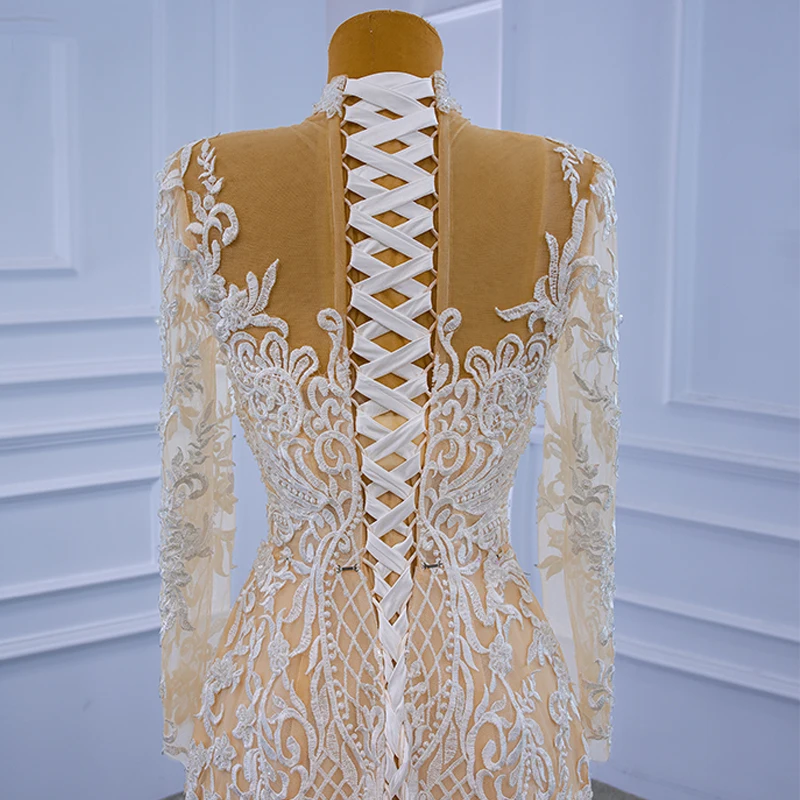 RSM67338 Champagne Detachable Train Mermaid Dress Muslim High Neck Long Sleeve Applique Lace Design Prom Banquet 6
