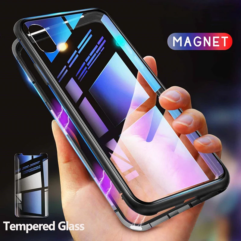 Metal Magnetic Case + Tempered Glass Magnet Cover For iPhone 11 Pro Max XR XS MAX X 8 7 6s 6 s Plus Samsung S10 |