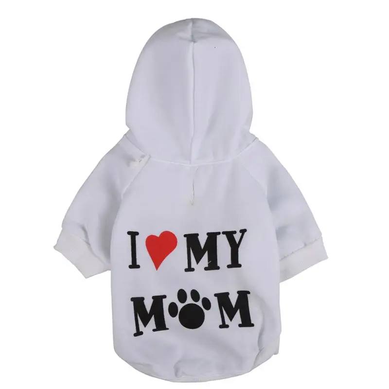Белый Одежда с принтом в виде собак зимние теплые Pet I LOVE MOM»(«Я люблю маму») с принтом пальто на собаку, для питомца куртка Одежда Щенок Кот свитер Костюмы для маленьких собак, с Кепки - Цвет: Белый