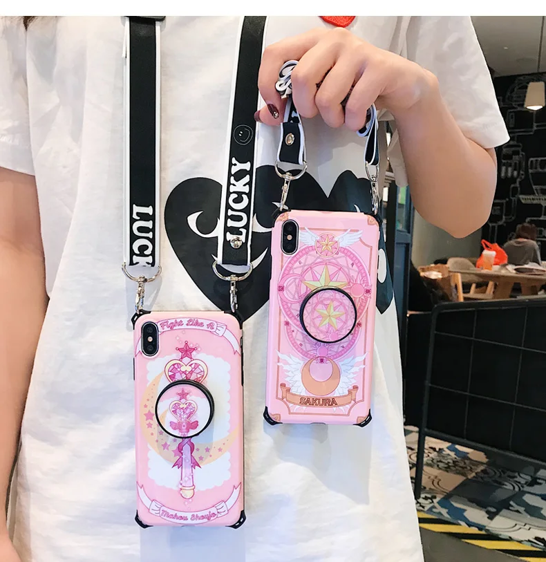 

For iphone XR XS max X pink Card Captor soft Phone Case For iPhone 8plus 7 7plus 6S 6p cartoon Sakura Shell Cover +stander+strap