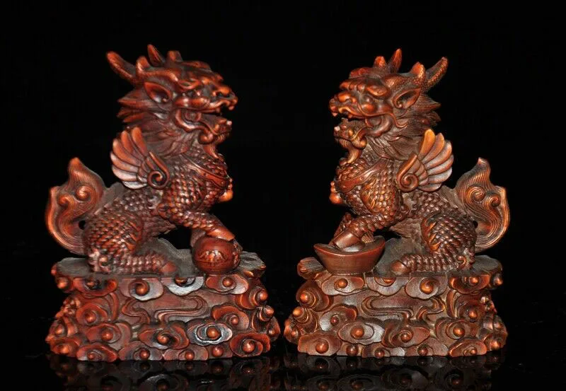 Свадебные украшения Китай Boxwood дерево фэн шуй Животное Kylin Чи-Лин Qilin статуя зверя