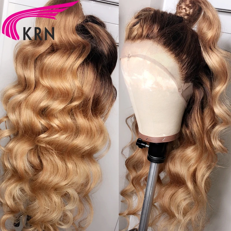 Photo Product KRN #4/27 Ombre Brazilian 13X4 Lace Front Human Hair Wigs With Baby Hair 180% Wavy remy Pre Plucked Lace Frontal Wig For Women
