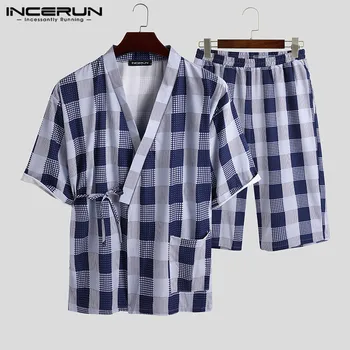 

Men Plaid Pajamas Sets Leisure Japanese Kimono Cozy Short Sleeve Lace Up Sleepwear Homewear Shorts Men Pyjamas Suit INCERUN 2020